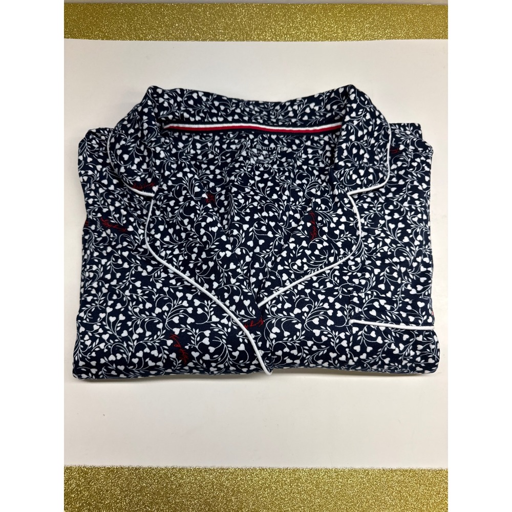 Tommy Hilfiger Women XL SleepShirt Navy Blue Heart Floral Button Front Nightgown